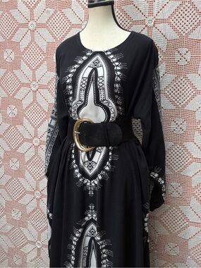 Vintage Black & White Rayon Kaftan Maxi Dress XL Boho Lounge Caftan
